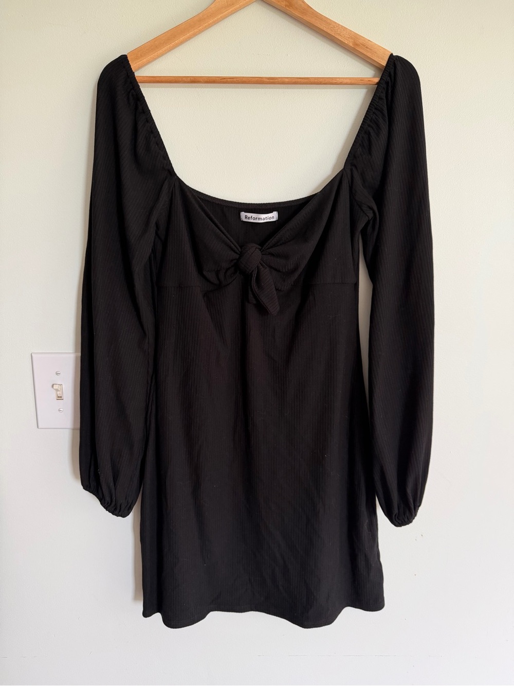 Reformation Black Long Sleeve Tie-Front Mini Dress Sweetheart Black Tie Event